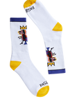 White socks with colorful designs and yellow accents on a white background