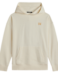 An off-white hooded sweatshirt with a small gold crown logo on the left chest, displayed on a clean white background.