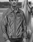 COWBOYS & DEMONS- "WHISKEY" Brown Leather Jacket with Diamond Vintage Key Pull