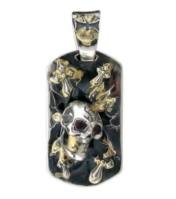 DOUBLE CROSS by Travis Walker - &quot;BREAK OUT SKULL&quot; Dog Tag in 18K Gold and Garnets