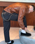 COWBOYS & DEMONS- "WHISKEY" Brown Leather Jacket with Diamond Vintage Key Pull