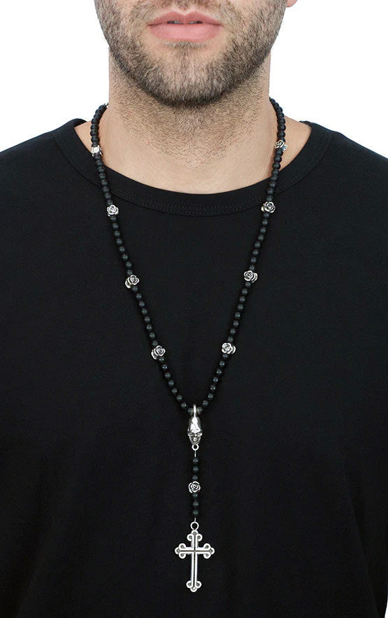 KING BABY - &quot;SKULL AND CROSS&quot; Rosary Necklace w/Onyx Beads and Silver Roses