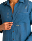 LIVE LINEN - "MASON" Embroidered Linen Shirt in Pacific Blue