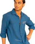 LIVE LINEN - "MASON" Embroidered Linen Shirt in Pacific Blue