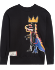 Black sweatshirt with colorful graphic design on a white background