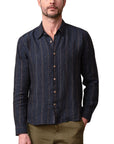 ROAD to NOWHERE - "ACCORD" Embroidered Linen Shirt in Indigo Stripe