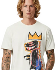 White t-shirt with a colorful dinosaur graphic and crown on a white background