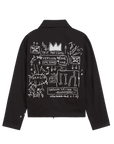 Black jacket with white graphic designs on the back against a white background