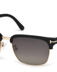 Tom Ford River square sunglasses with shiny black frame, rose-gold accents, and smoke polarized gradient lenses