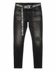Front flat lay of HVMAN “STRAT” Black Shale super skinny jeans with included HVMAN-branded belt on white
