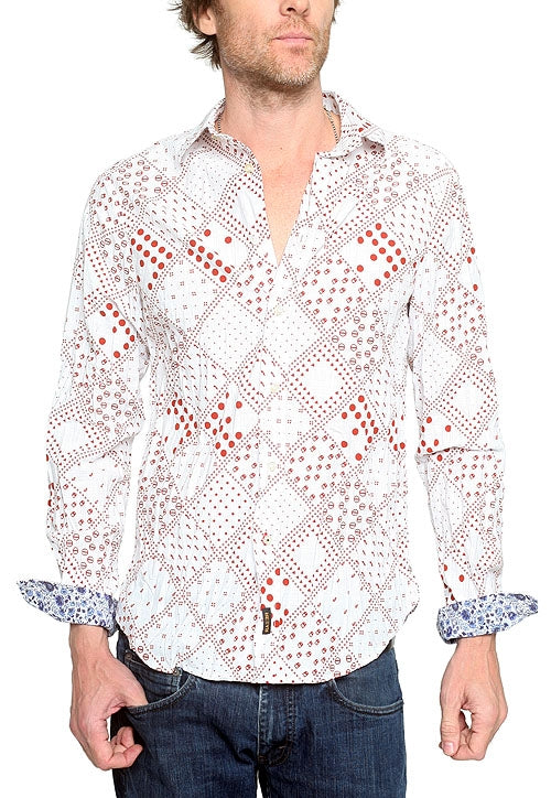Men&#39;s RA-RE - &quot;FAUST&quot; Red and White Patterned Shirt With Metal Skull Snap Detail