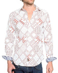 Men's RA-RE - "FAUST" Red and White Patterned Shirt With Metal Skull Snap Detail
