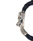 KING BABY - "DRAGON" Sterling Silver and Leather Bracelet with Black Diamond Eyes