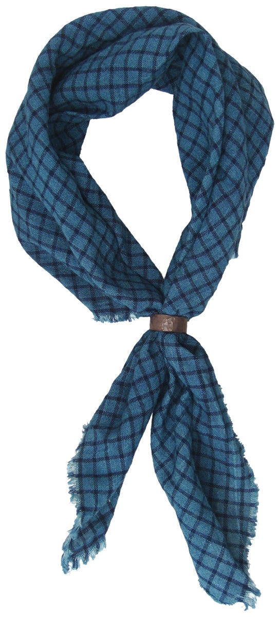 BLACK BARC - &quot;BLUE PLAID HANDKERCHIEF SCARF&quot; with Anodized Hammered Silver Ring