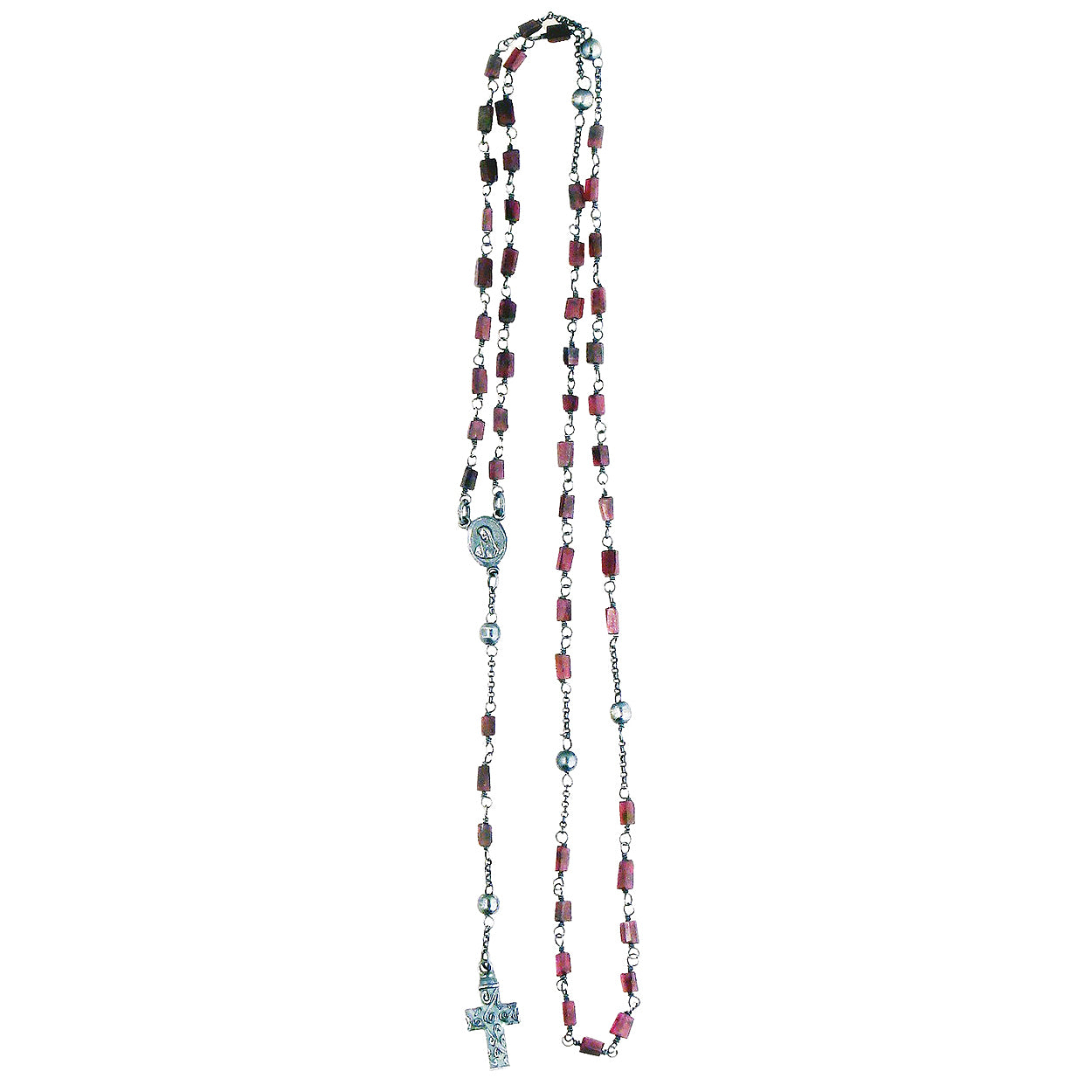 JEWELRY by CAIN - &quot;GARNET ROSARY&quot; with RECTANGLE CUT stones and Sterling Silver Accents