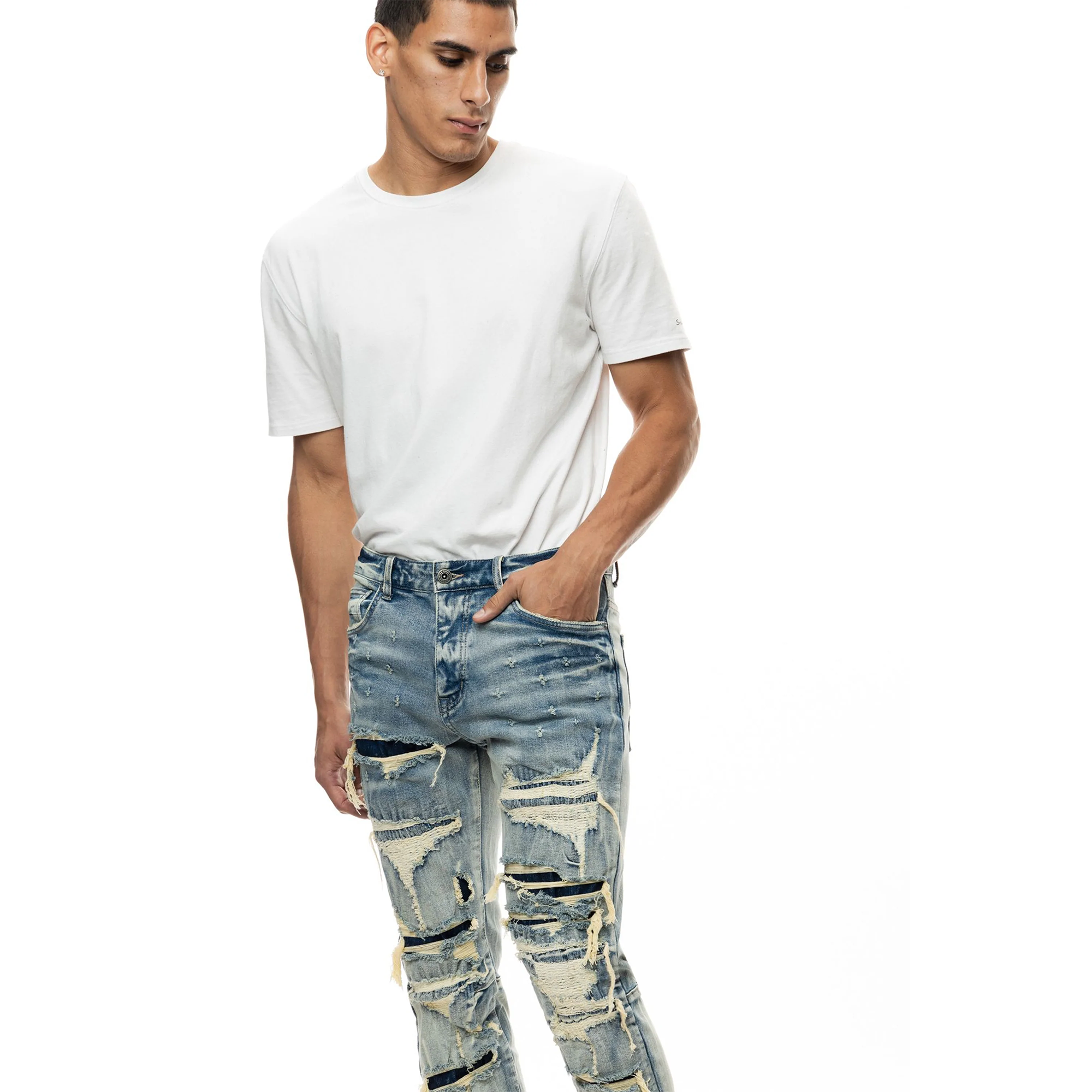 Smoke Rise - &quot;HALFORD&quot; Layered Heavy Rip &amp; Repair Jeans in Aspen Blue