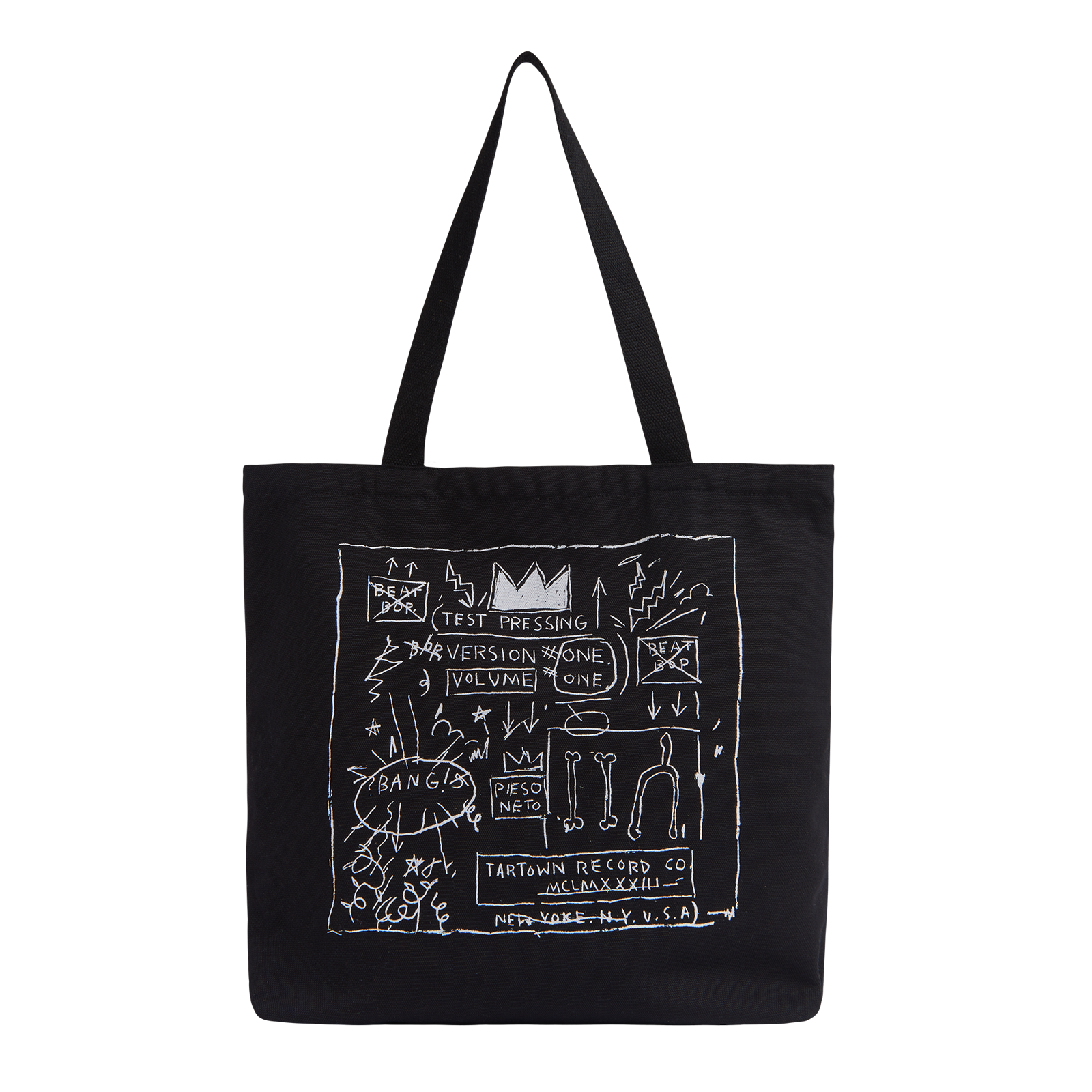 A black canvas tote bag with two shoulder straps, featuring a white hand-drawn style graphic print on the front with text and doodles, photographed against a plain white background.
