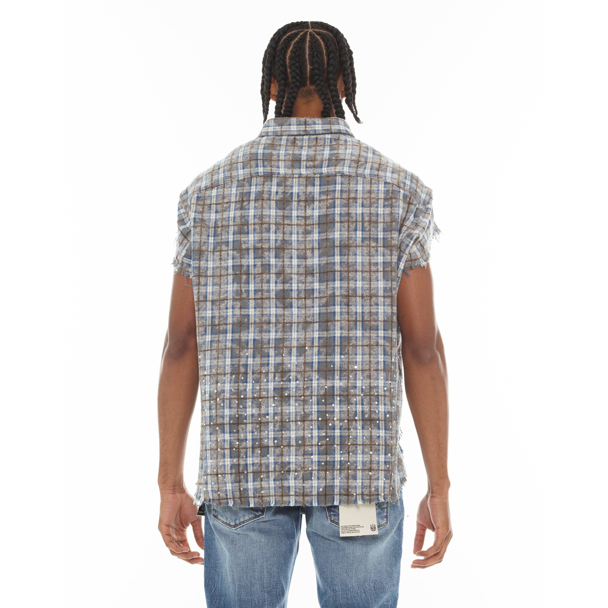 Cult of Individuality - "BROOKLYN" Sleeveless Distressed Flannel Shirt in Grey/Blue