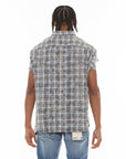 Cult of Individuality - "BROOKLYN" Sleeveless Distressed Flannel Shirt in Grey/Blue