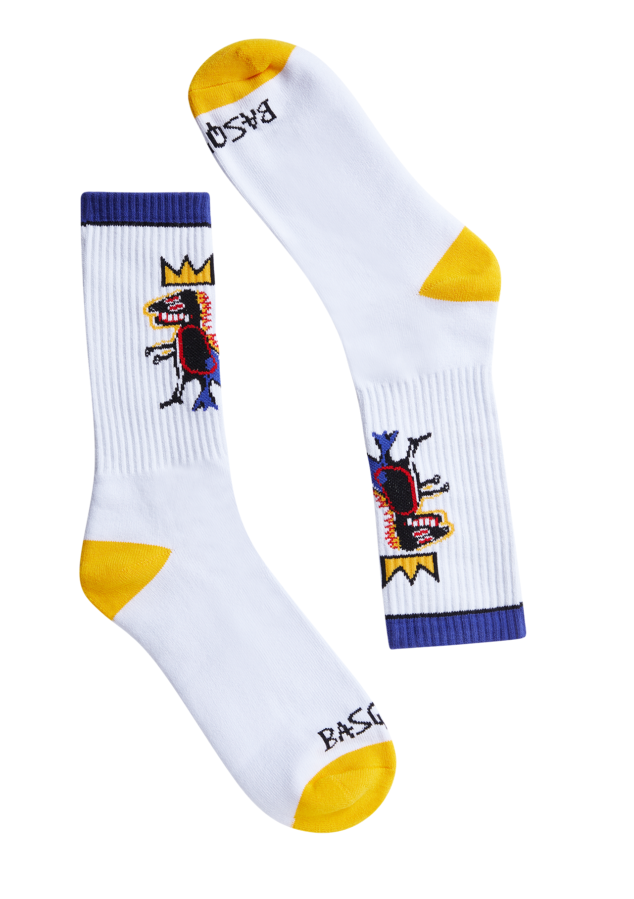 White socks with colorful designs and yellow accents on a white background