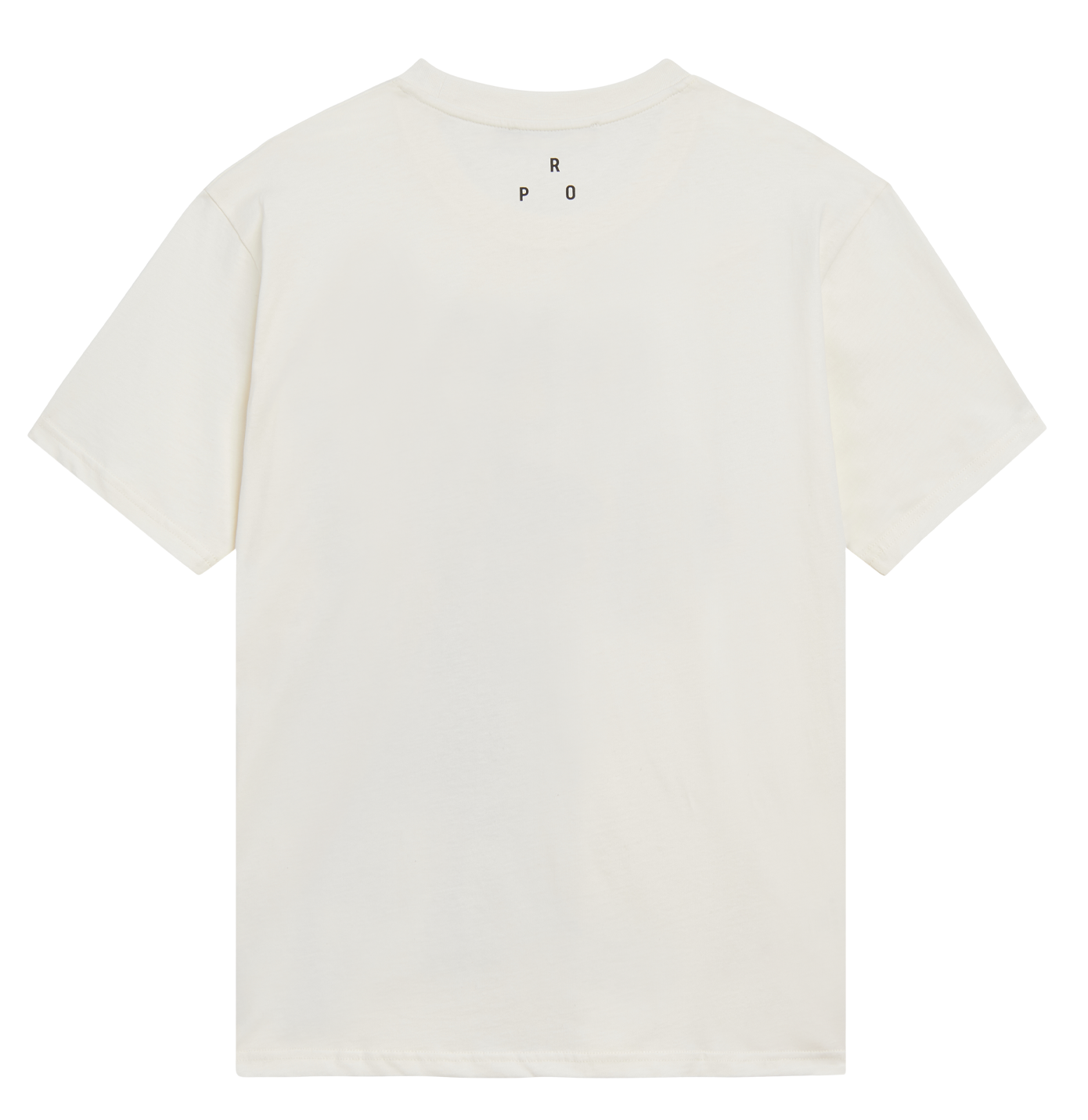 An off-white short-sleeve crewneck t-shirt shown from the back, featuring a small black 'R P D' logo printed vertically on the upper back.