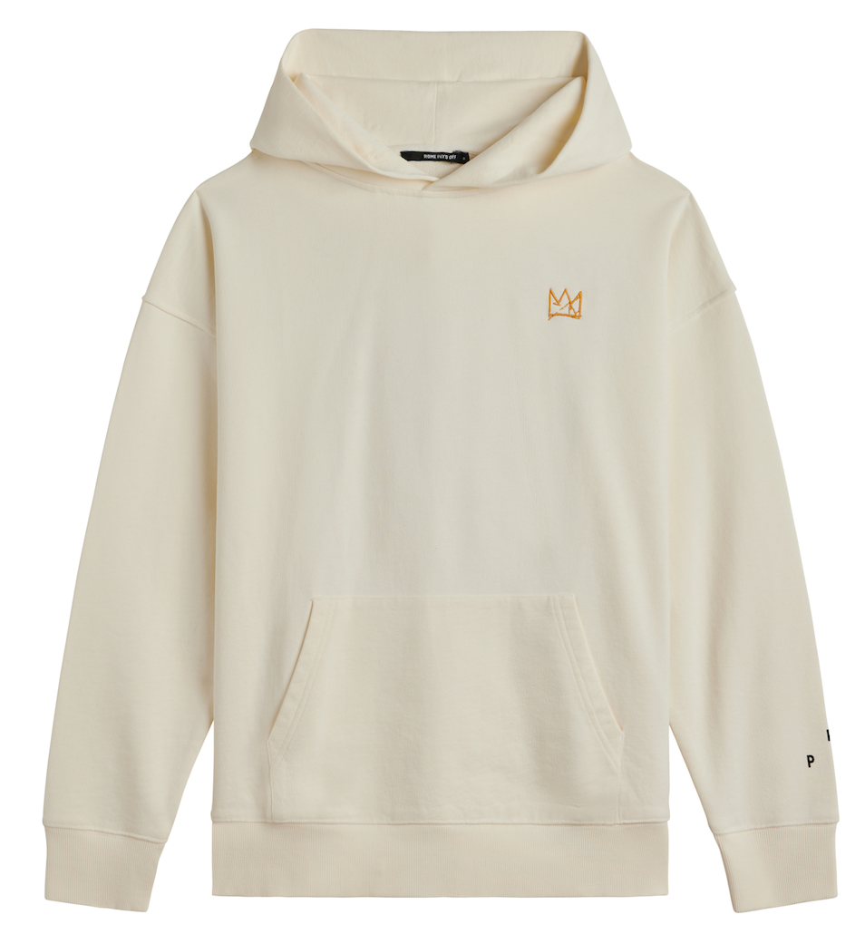 An off-white hooded sweatshirt with a small gold crown logo on the left chest, displayed on a clean white background.