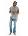 Cult of Individuality - "BROOKLYN" Sleeveless Distressed Flannel Shirt in Grey/Blue