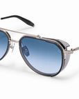 AKONI - "ECHO" Sunglasses in Brushed Silver w/Black Enamel and Dusty Blue Gradient Lenses