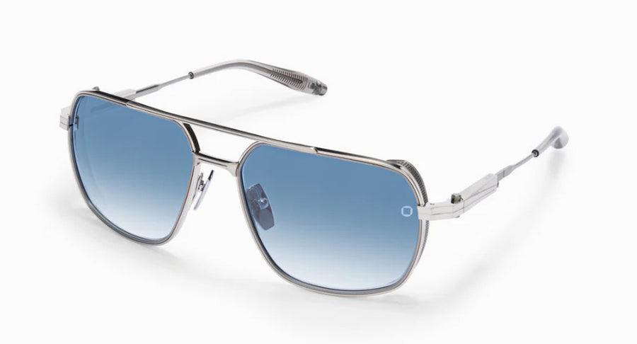 AKONI – Pathfinder Sunglasses in Brushed Silver with Black Rhodium and Dusty Blue Gradient Lenses