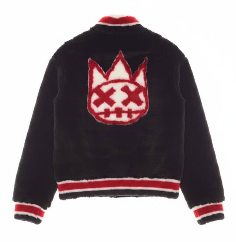 A model shown from the back wearing a black fuzzy jacket with a large red and white crown graphic on the back and red and white striped trim at the collar, hem, and cuffs.