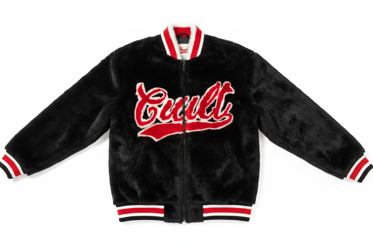 A young man wearing a black faux fur varsity jacket with red and white trim and 'Gucci' written across the chest in red and white lettering, set against a plain white background.