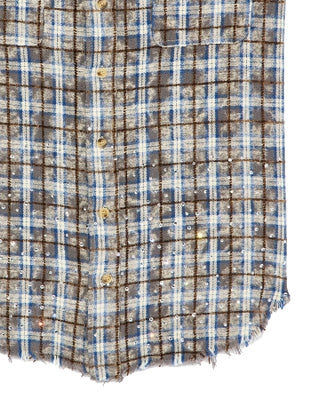 Cult of Individuality - "BROOKLYN" Sleeveless Distressed Flannel Shirt in Grey/Blue