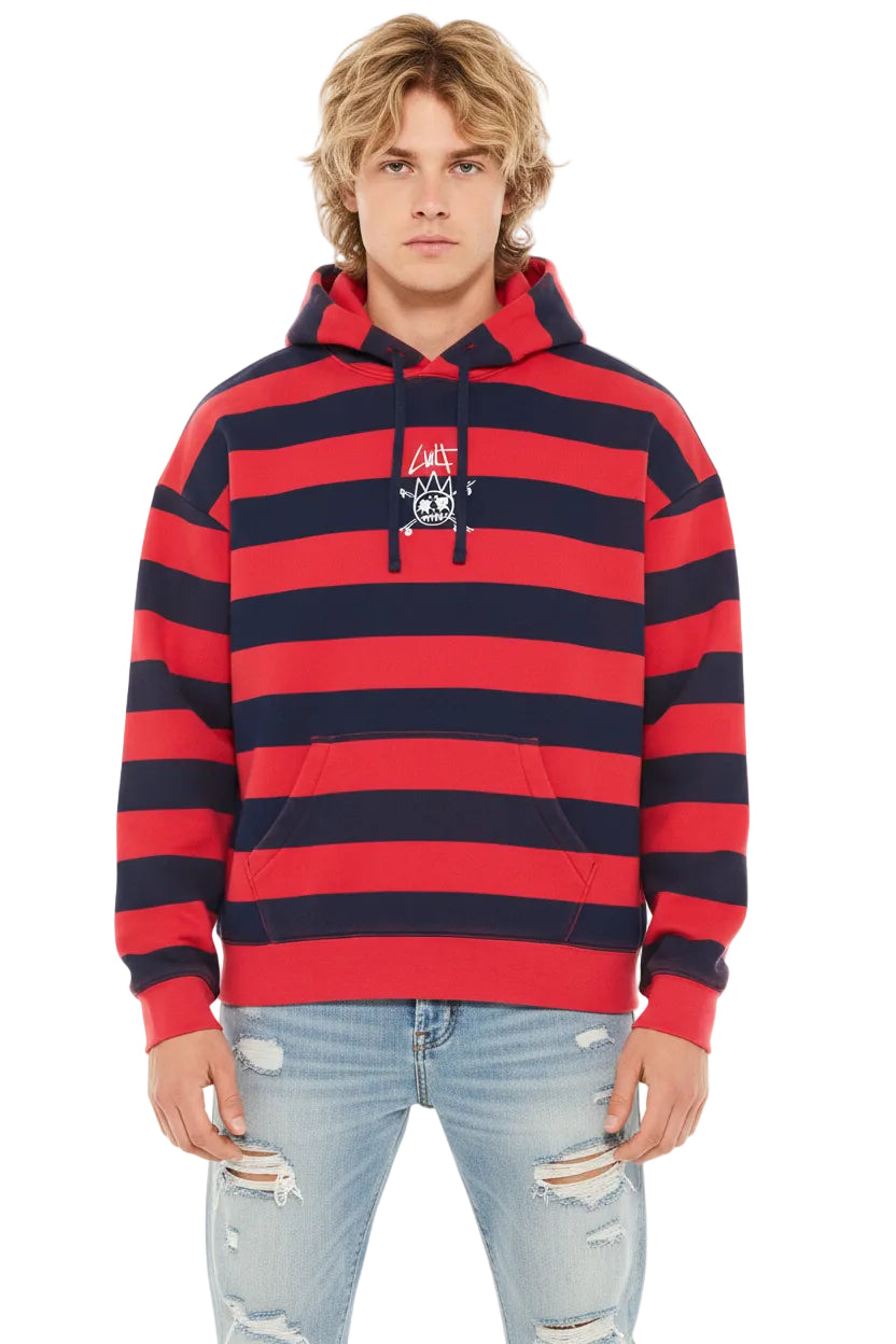 Person wearing a red and navy striped hoodie with a logo on a white background