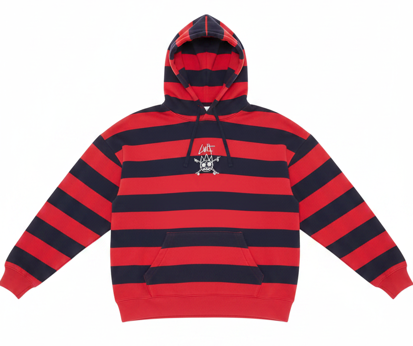 A red and navy blue horizontally striped pullover hoodie with a small white and red chest graphic, displayed flat against a solid white background.