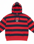A red and navy blue horizontally striped pullover hoodie with a small white and red chest graphic, displayed flat against a solid white background.