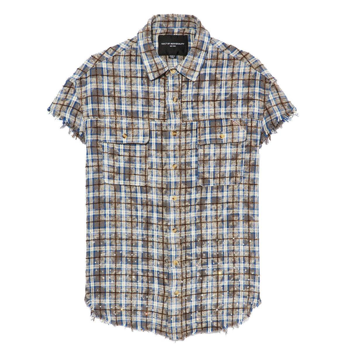 Cult of Individuality "Brooklyn" grey and blue plaid sleeveless flannel shirt with frayed edges and crystal accents