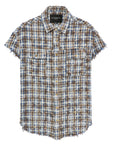 Cult of Individuality "Brooklyn" grey and blue plaid sleeveless flannel shirt with frayed edges and crystal accents