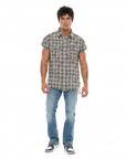 Model wearing Cult of Individuality "Brooklyn" grey and blue plaid sleeveless flannel shirt, front view