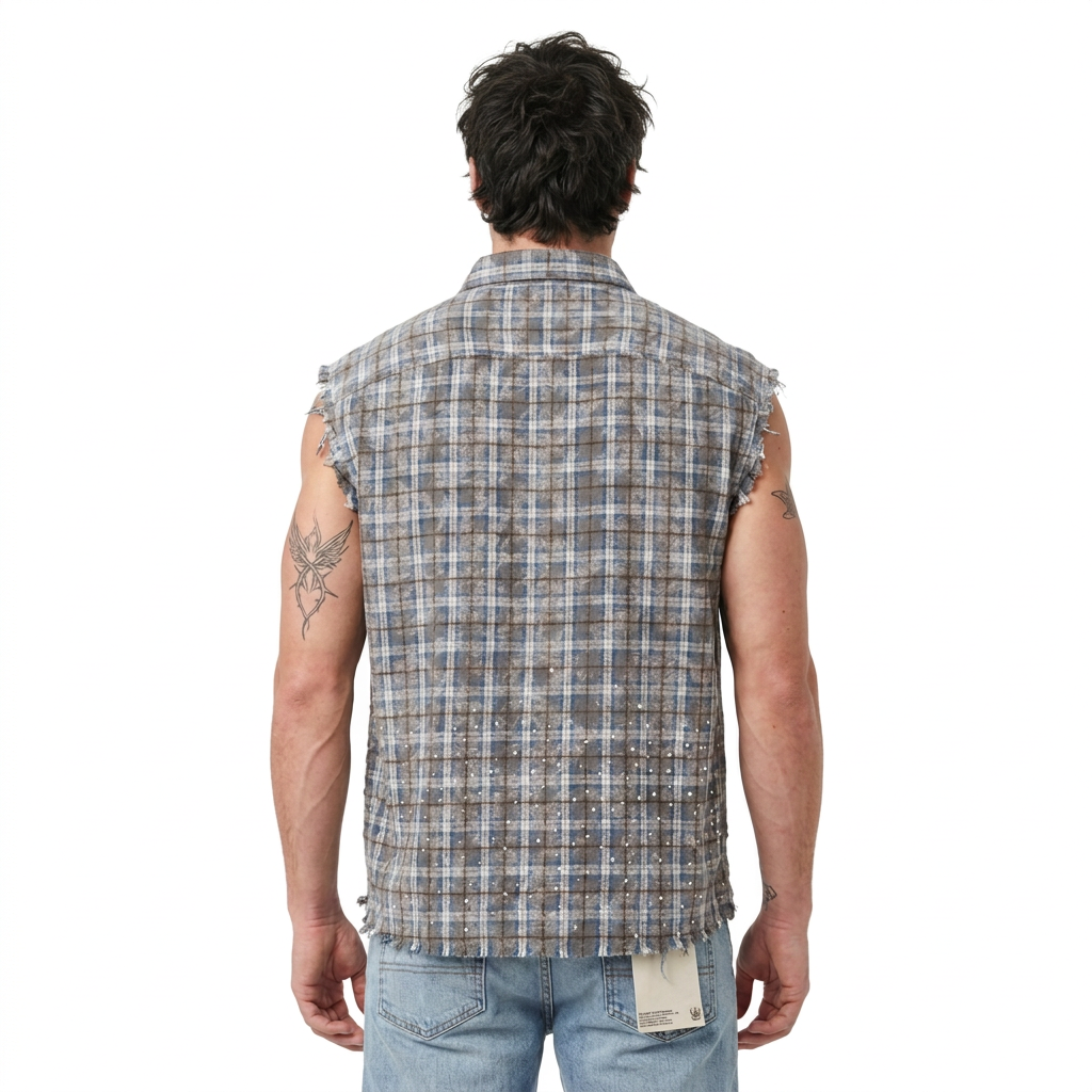 Model wearing Cult of Individuality "Brooklyn" sleeveless flannel shirt, back view showing plaid and crystal accents
