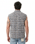 Model wearing Cult of Individuality "Brooklyn" sleeveless flannel shirt, back view showing plaid and crystal accents