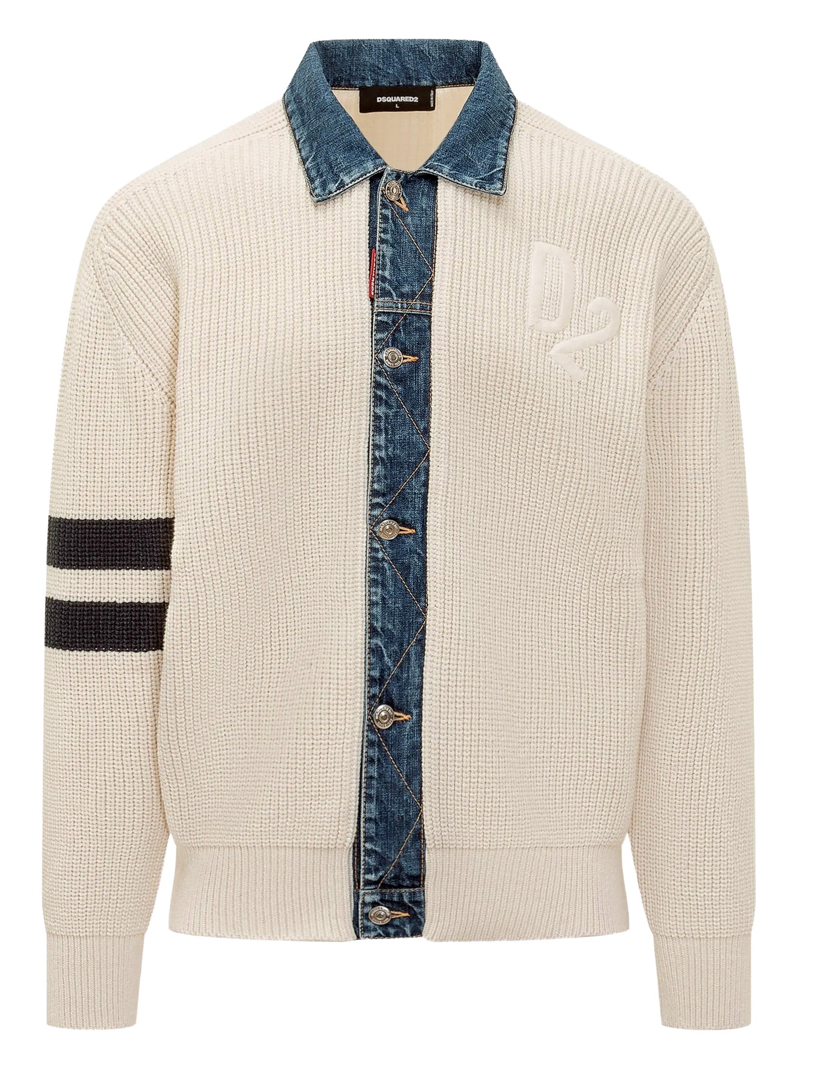 DSquared2 - "DENIM MIX CARDIGAN" in Off-White Knit with a Denim Collar and Placket