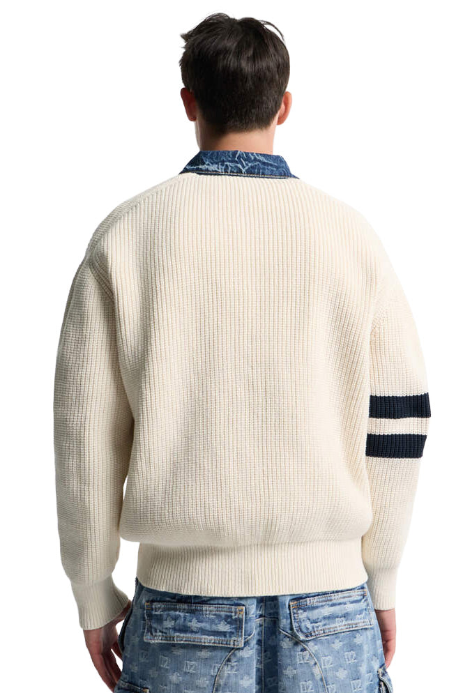 DSquared2 - "DENIM MIX CARDIGAN" in Off-White Knit with a Denim Collar and Placket