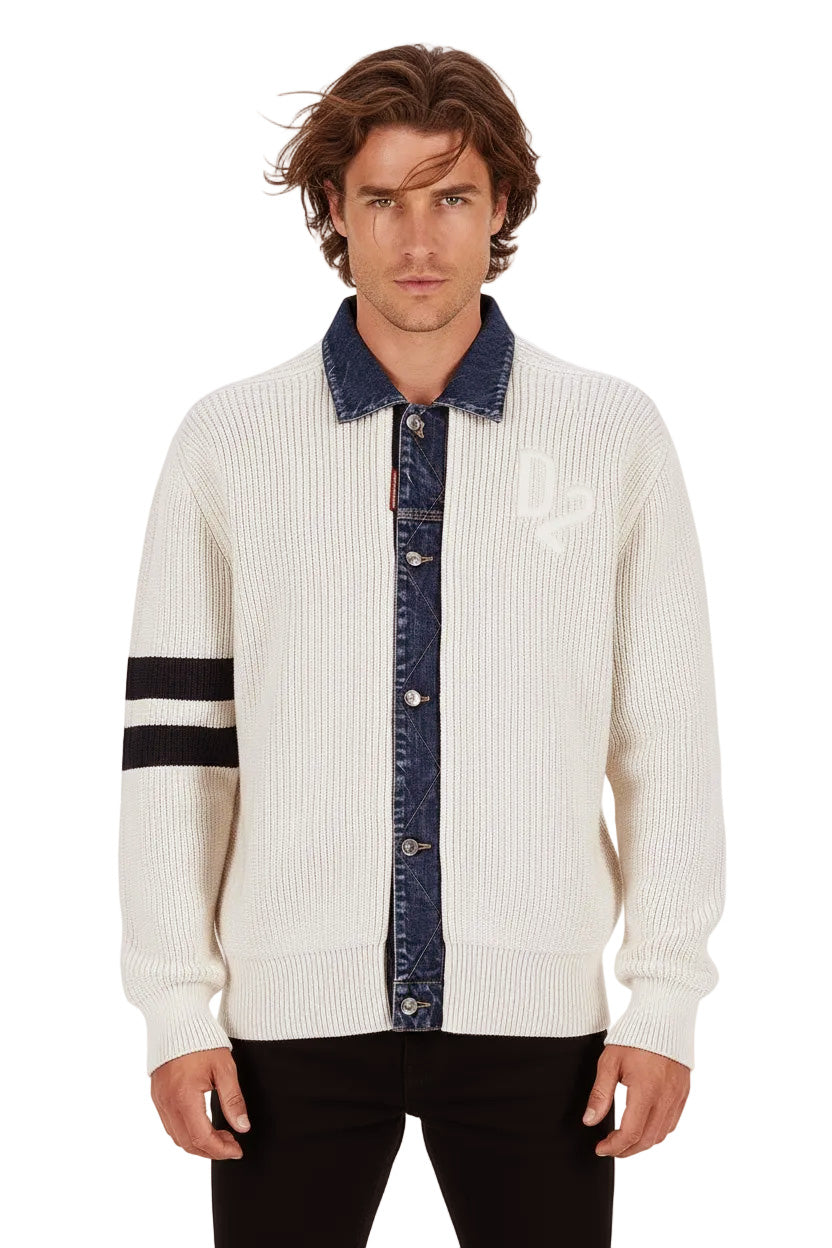 DSquared2 - "DENIM MIX CARDIGAN" in Off-White Knit with a Denim Collar and Placket