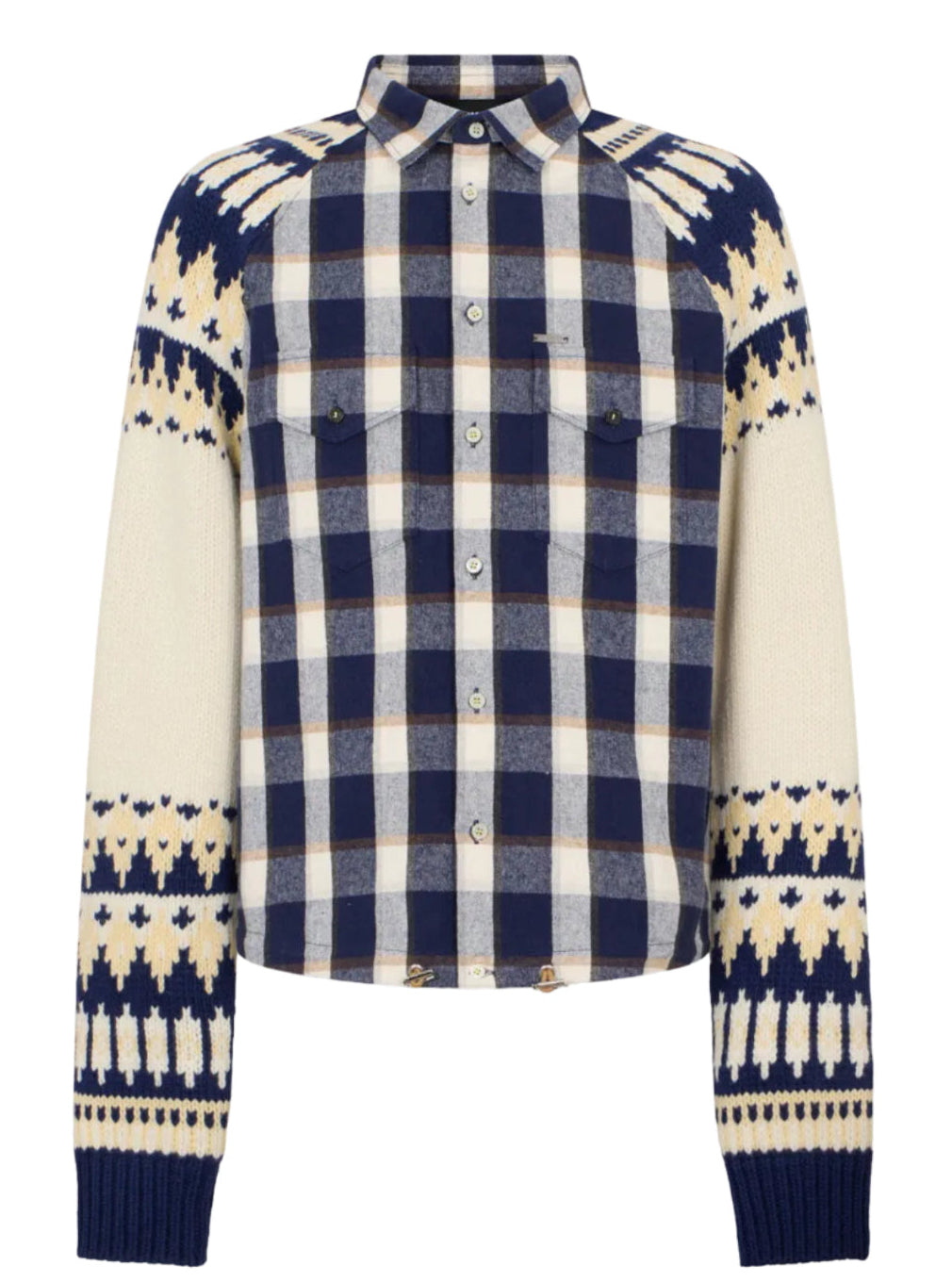 A long-sleeve button-up shirt with a navy blue and cream plaid body, transitioning into a cream and navy Fair Isle patterned knit on the sleeves and shoulders, finished with navy ribbed cuffs and collar.