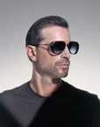 AKONI - "ECHO" Sunglasses in Brushed Silver w/Black Enamel and Dusty Blue Gradient Lenses