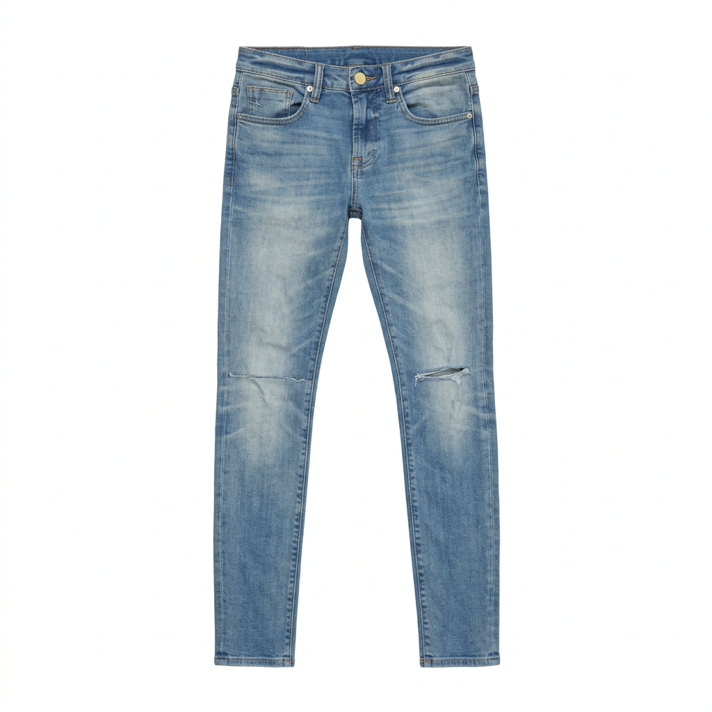 HVMAN ‘STRAT’ light blue super skinny jeans, front flat lay with distressed knees