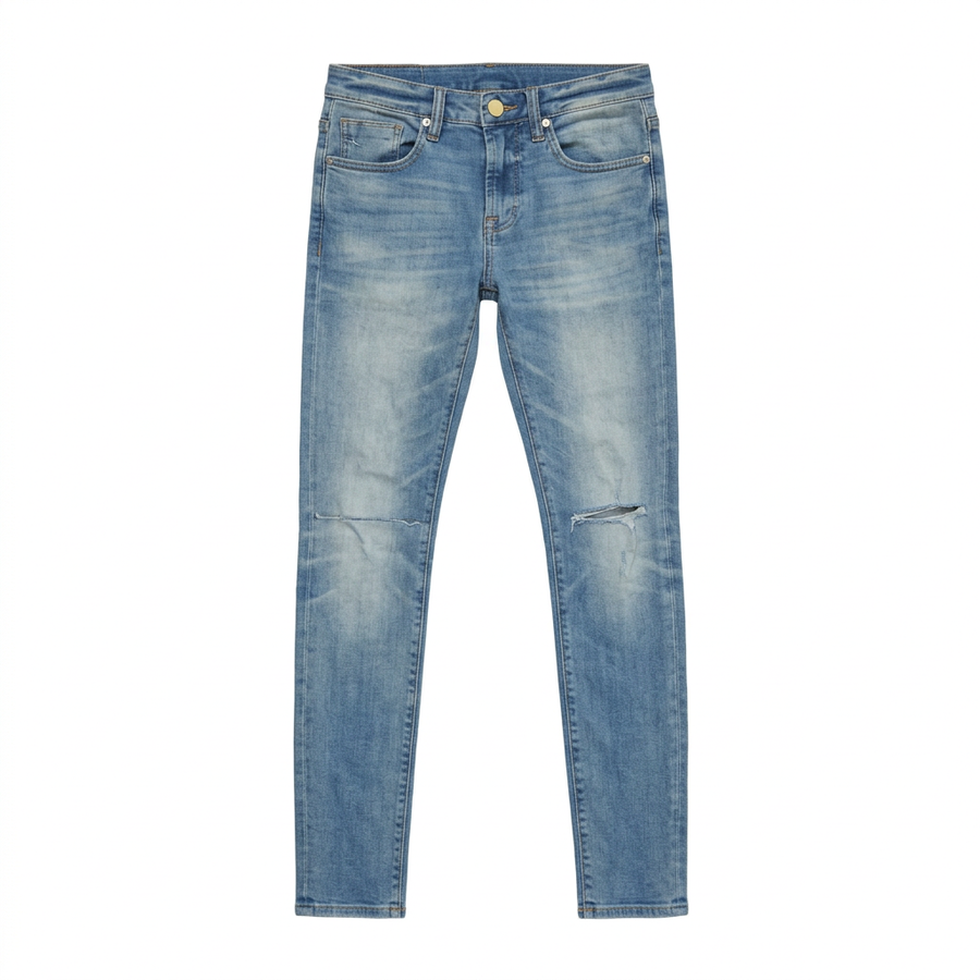 HVMAN ‘STRAT’ light blue super skinny jeans, front flat lay with distressed knees