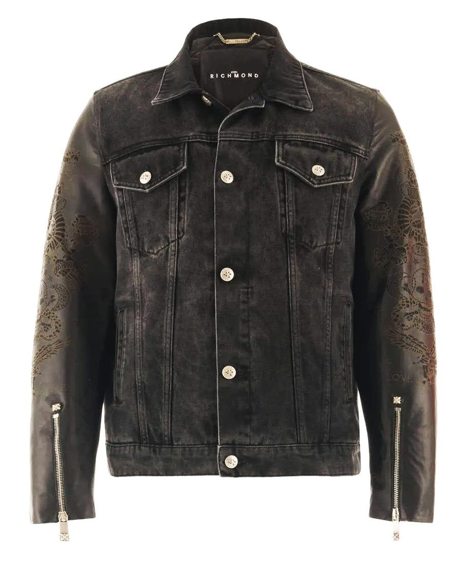 John Richmond – Rischio Denim and Laser Cut Leather Jacket in Black
