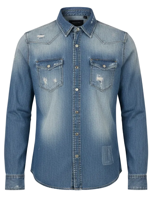 Men's John Richmond - "HEIMETE" Denim Shirt in Distressed Blue
