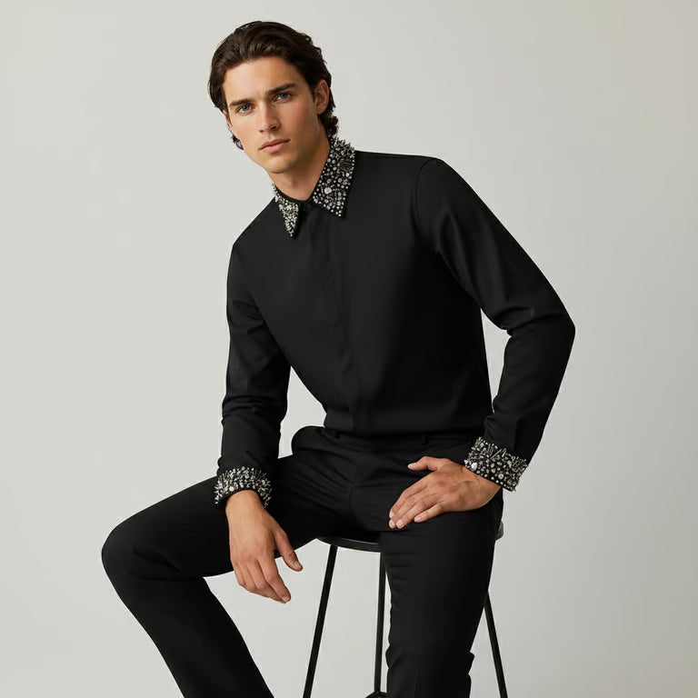 Men's John Richmond - "LEKEM" Studded Long Sleeved Shirt in Black